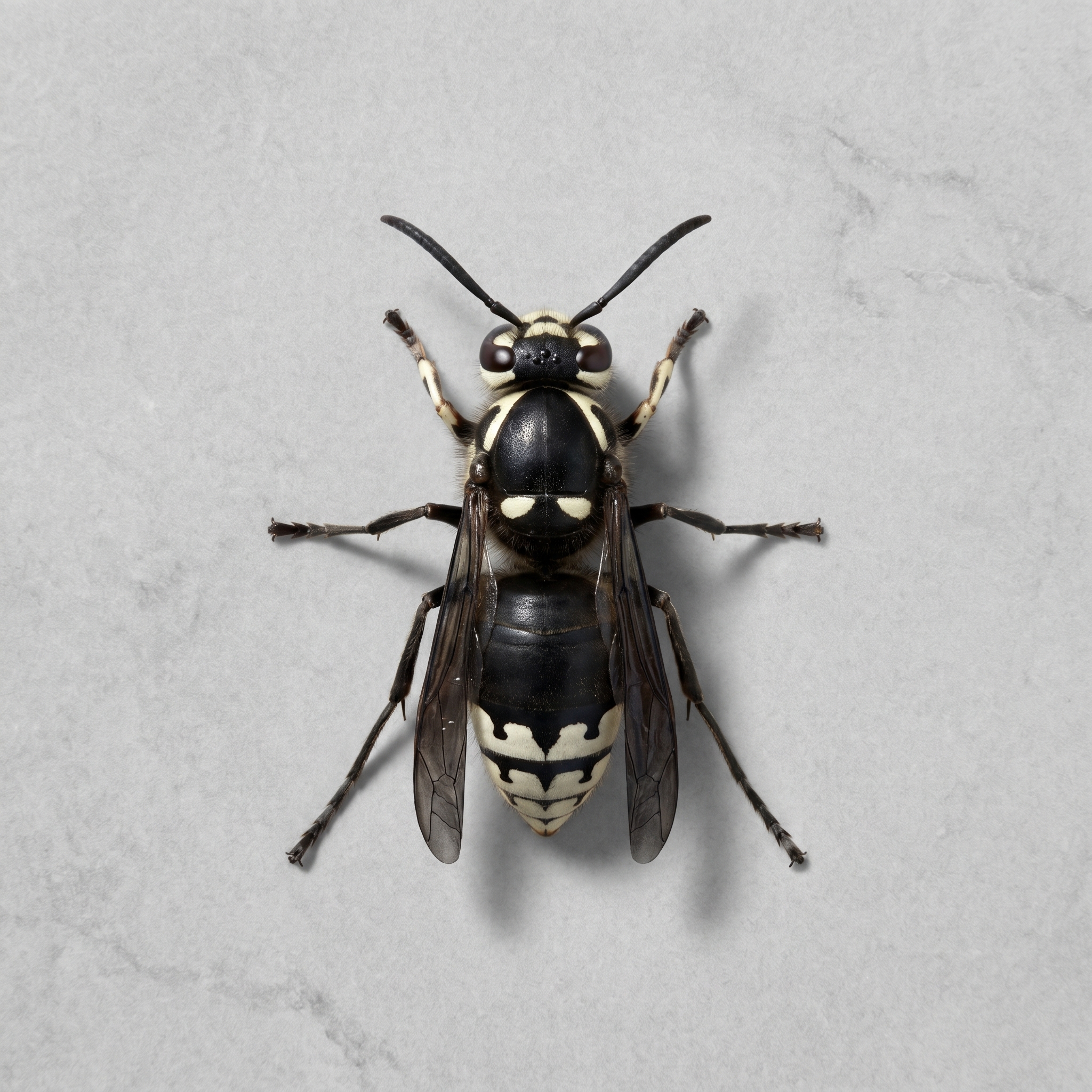 Bald-faced hornet photographed from above on a grey stone surface